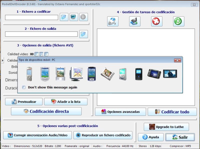 Fig. 1. Ambiente visual de la herramienta PocketDivxEncoder.- #RevistaTino