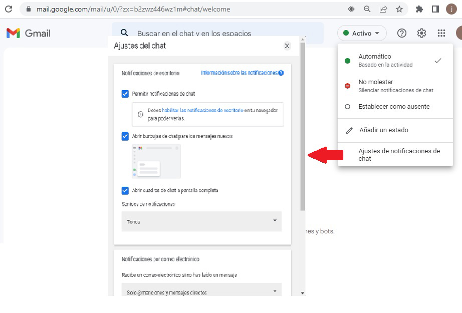 Fig. 8. Se observan las  múltiples opciones de los Ajustes de notificaciones del chat - #Revista tino