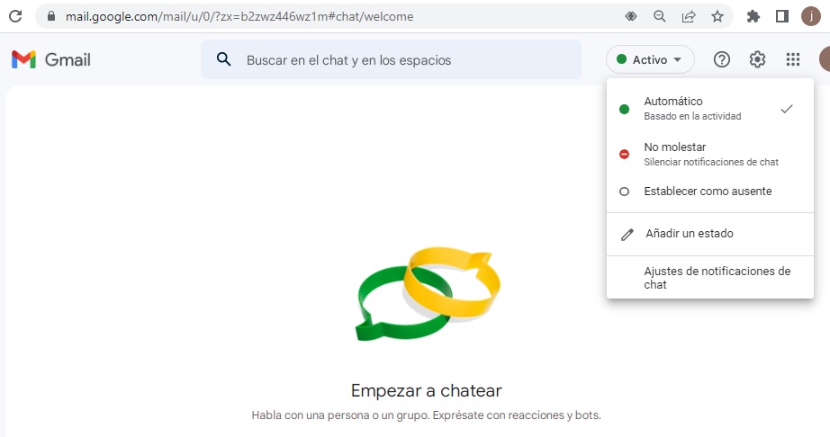 Fig. 5. Seleccionar el botón activo y ver sus opciones en Chat mail personalizando su Gmail   - #Revista Tino