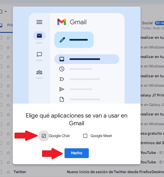 Fig. 3. Elegir la aplicación y luego el botón Hecho, de Chat mail personalizando su Gmail - #Revista Tino