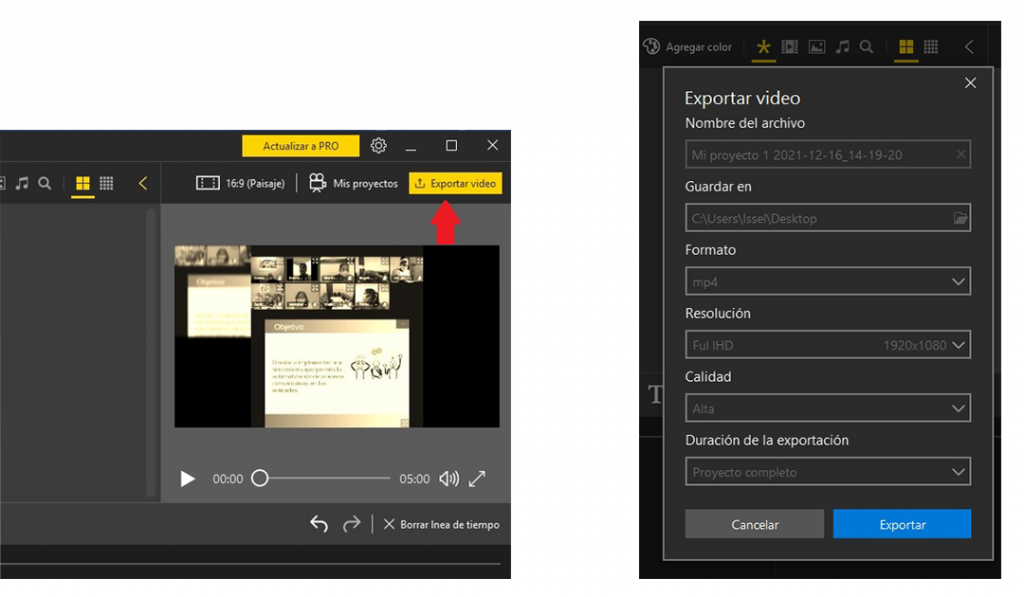 Fig. 4.  Dar clic en el botón exportar video y Fig. 5. Configurar el archivo y seleccionar el botón Exportar para poder crear el efecto sepia en video - #RevistaTino
                                                                                                                              