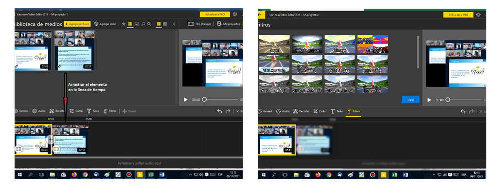Fig. 2.  Seleccionar el elemento, arrastrarlo hacia la linea de tiempo y la Fig. 3. Dar clic en filtro y se muestran sus opciones - #RevistaTino