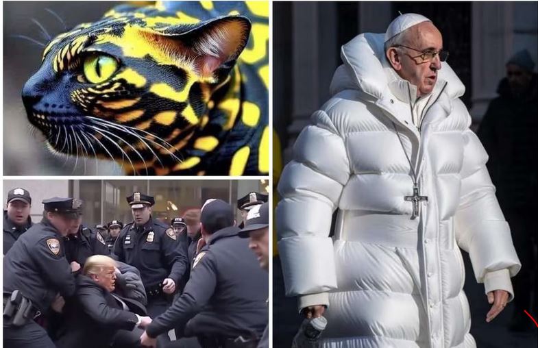 Fig. 1.  Felino serpiente, la chaqueta del Papa y la captura de Donald Trump, momentos ficticios creados por una IA #RevistaTino
