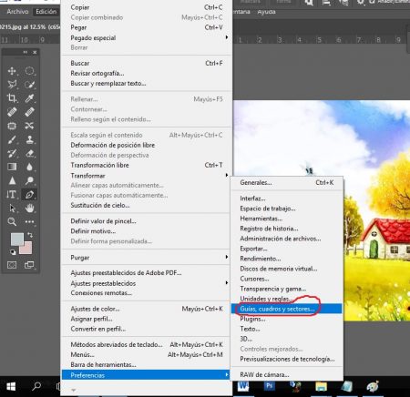 Fig. 1. Ir al  menú superior en edición- preferencias- Guías, cuadros y sectores para configurar la herramienta pluma en Photoshop -#RevistaTino