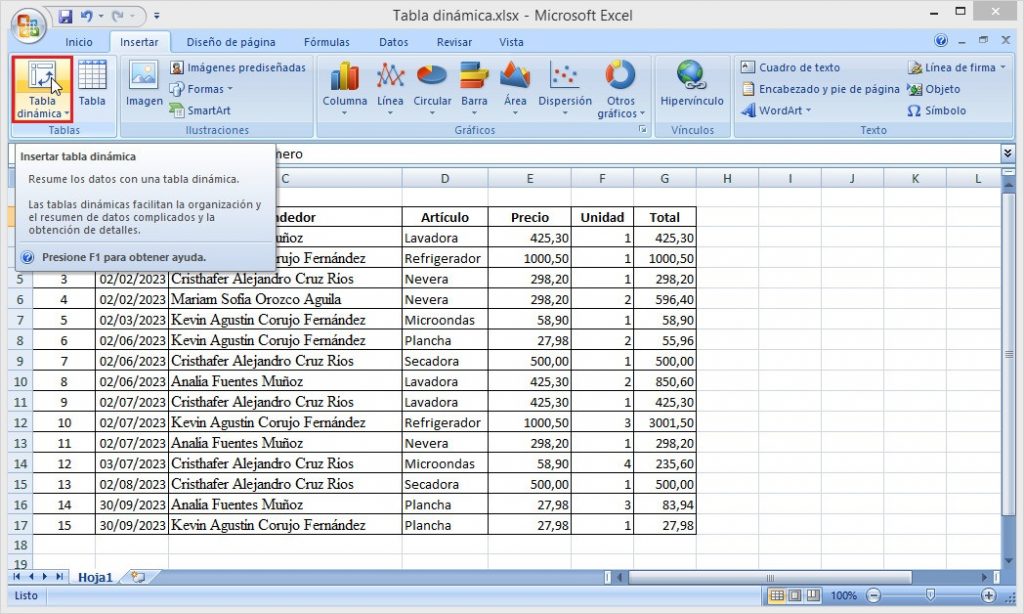 Fig. 2. Insertar la tabla dinámica. #RevistaTino