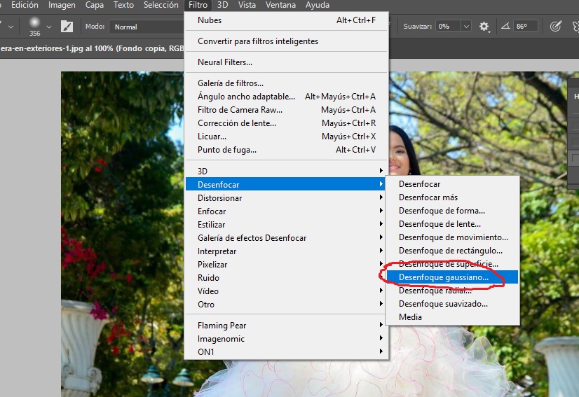 Fig. 3. Seleccionar Filtro- Desenfocar- Desenfoque gaussiano - #Revista Tino para lograr el desenfoque de fondo con Photoshop - #Revista Tino