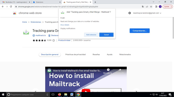 Fig. 5. Proceso de espera a que se instale la extensión para que MailTrack pueda rastrear mensajes en Gmail - #RevistaTino