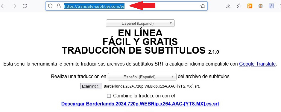 Fig.1. Aplicación para la traducción de archivos srt- #RevistaTino