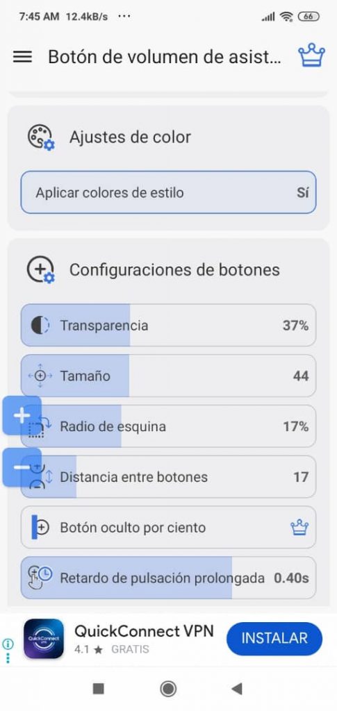 Fig. 6. En Configuraciones de botones se puede cambiar el color, entre otros. #RevistaTino